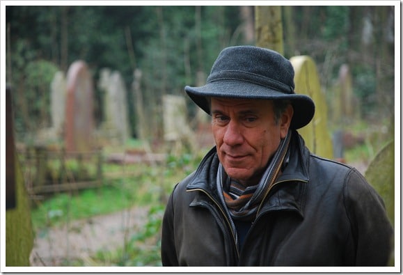 Filming, on location, in a graveyard.